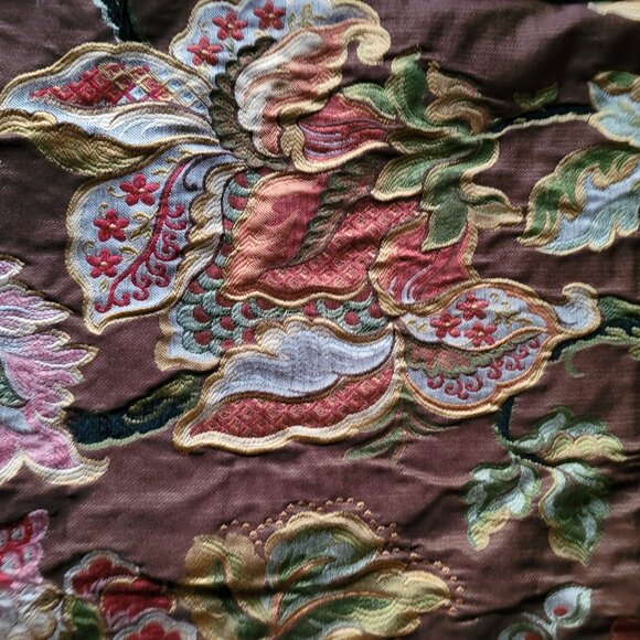 Vintage Tapestry Upholstery Fabric 1-1/3 Yards Bright Floral on Brown Background - Picture 4 of 5